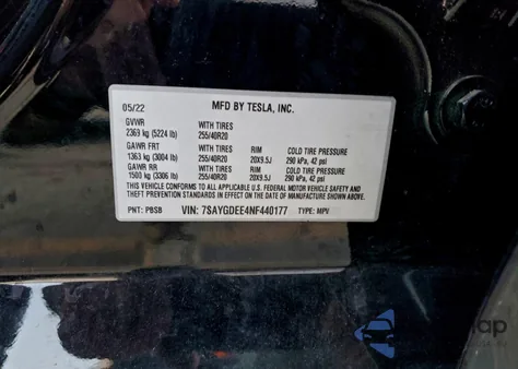 2022 Tesla Model Y z USA, uszkodzony, nr VIN 7SAYGDEE4NF440177